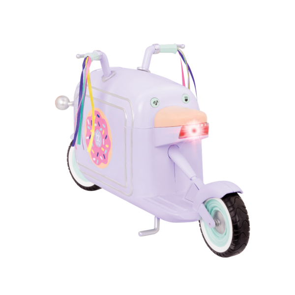 Toy donut delivery scooter with headlight on