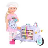 14-inch posable doll with blonde hair and blue eyes with donut cart