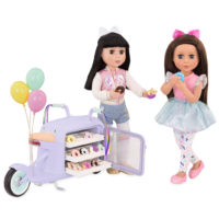 Two 14-inch dolls eating donuts from delivery scooter