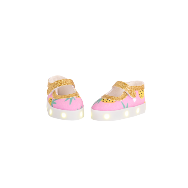 Pink and gold pineapple-printed light up shoes for 14-inch doll