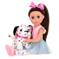 Dalmatian dog plushie with 14-inch doll