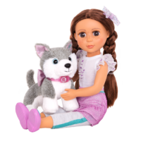 Husky dog plushie with 14-inch doll