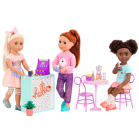 Three 14-inch dolls with terrace playset