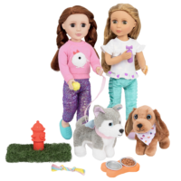 Two 14-inch dolls and dog plushies with pet accessories