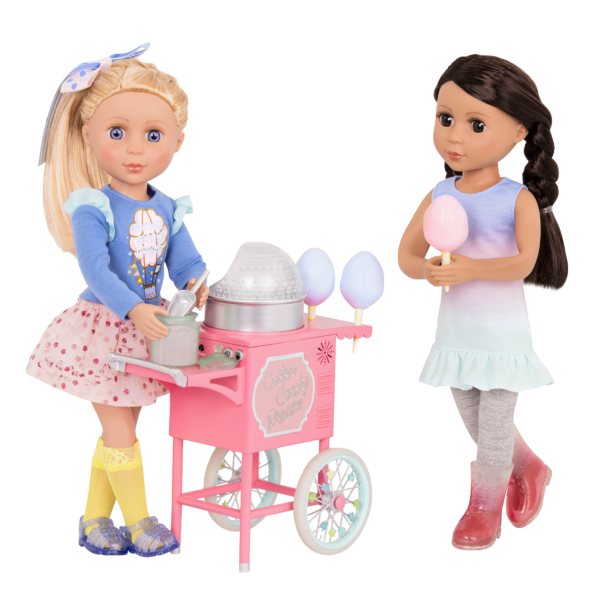 Two 14-inch dolls with toy cotton candy machine