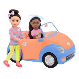 Orange and blue toy convertible punch buggy car with two 14-inch dolls
