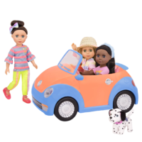 Orange and blue toy convertible punch buggy car with three 14-inch dolls and Dalmatian dog plushie