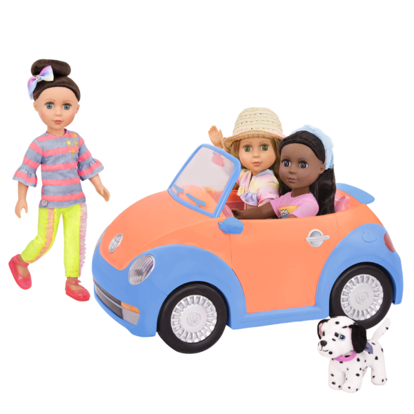 Orange and blue toy convertible punch buggy car with three 14-inch dolls and Dalmatian dog plushie