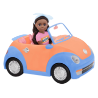 14-inch doll driving orange and blue toy convertible punch buggy car
