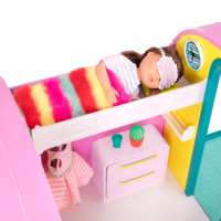 14-inch doll sleeping in caravan home playset