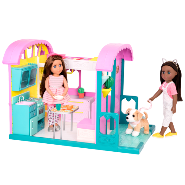 Caravan home playset with two 14-inch dolls and chihuahua dog plushie
