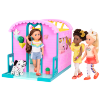 Caravan home playset with three 14-inch dolls and Dalmatian dog plushie