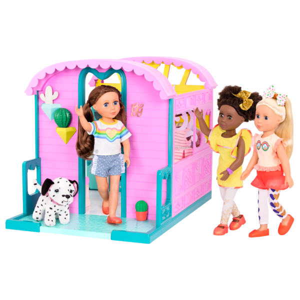 Caravan home playset with three 14-inch dolls and Dalmatian dog plushie