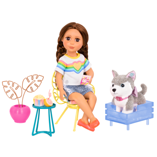GG Porch Set doll seated with pup & accessories