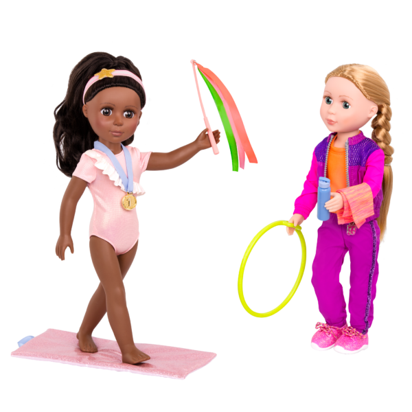 Two 14-inch dolls using gymnastic playset