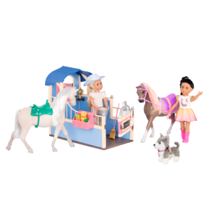Two 14-inch dolls and husky dog plushie with horse stable playset