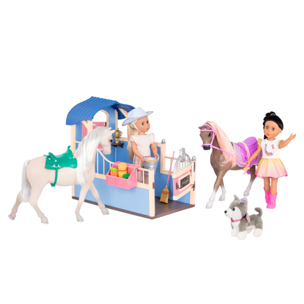 Two 14-inch dolls and husky dog plushie with horse stable playset