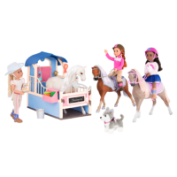 Three 14-inch dolls and husky dog plushie with horse stable playset