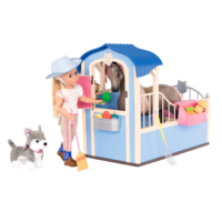 14-inch doll and husky dog plushie with horse stable playset