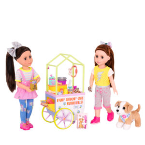 Two 14-inch dolls and chihuahua dog plushie with toy pet shop cart