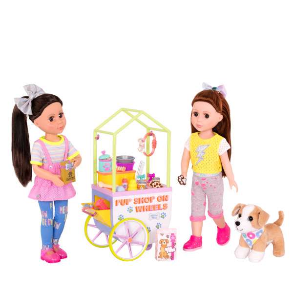 Two 14-inch dolls and chihuahua dog plushie with toy pet shop cart