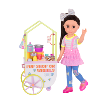 14-inch doll with toy pet shop cart