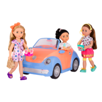 Three 14-inch dolls with drive-thru accessories and toy food