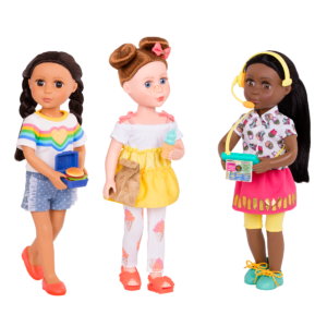 Three 14-inch dolls with drive-thru accessories and toy food