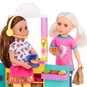 Two 14-inch dolls with drive-thru accessories and toy food