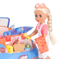 14-inch doll taking picnic playset out of toy punch buggy trunk