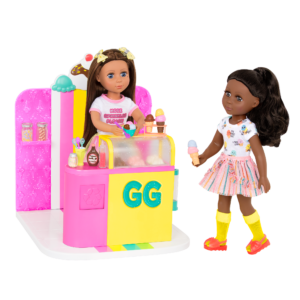 Two 14-inch dolls with ice cream shop playset