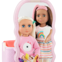 Two 14-inch dolls in toy hair salon mirror