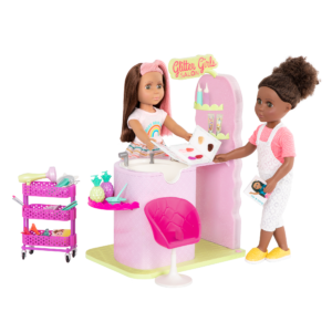 Two 14-inch dolls with hair salon playset