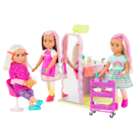 Three 14-inch dolls with hair salon playset