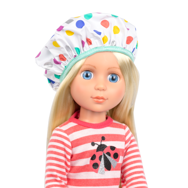 14-inch doll wearing toy shower cap