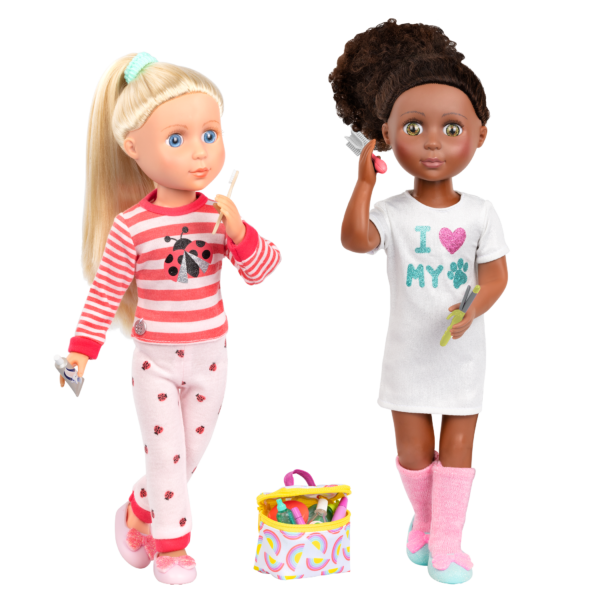 Two 14-inch dolls using travel bag and accessory playset