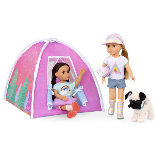 Two 14-inch dolls and dog plushie with camping playset