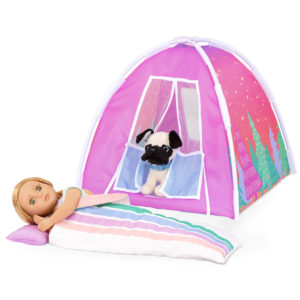 14-inch doll and dog plushie with camping playset