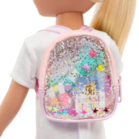 Transparent bag for 14-inch doll with sleepover party invitation inside