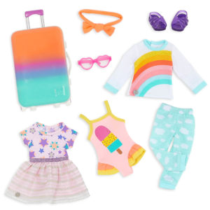 Travel playset with rainbow suitcase and outfits for 14-inch doll