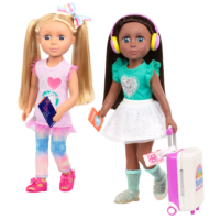 Two 14-inch dolls with carry-on luggage and travel accessories