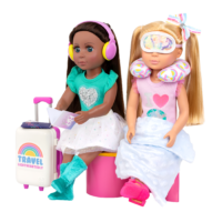 Two 14-inch dolls with carry-on luggage and travel accessories