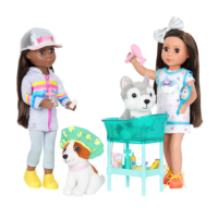 Two 14-inch dolls and dog plushies with pet grooming playset