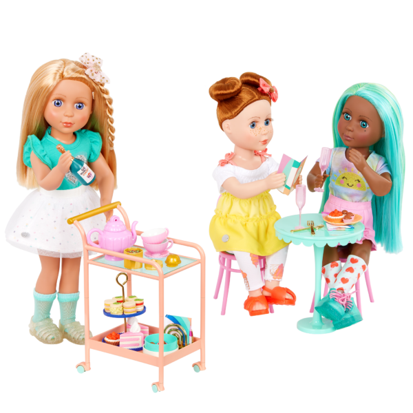 Glitter Girls Tea Cart and Furniture Playset with 14-inch Dolls Lacy, Duckie, and Charlie