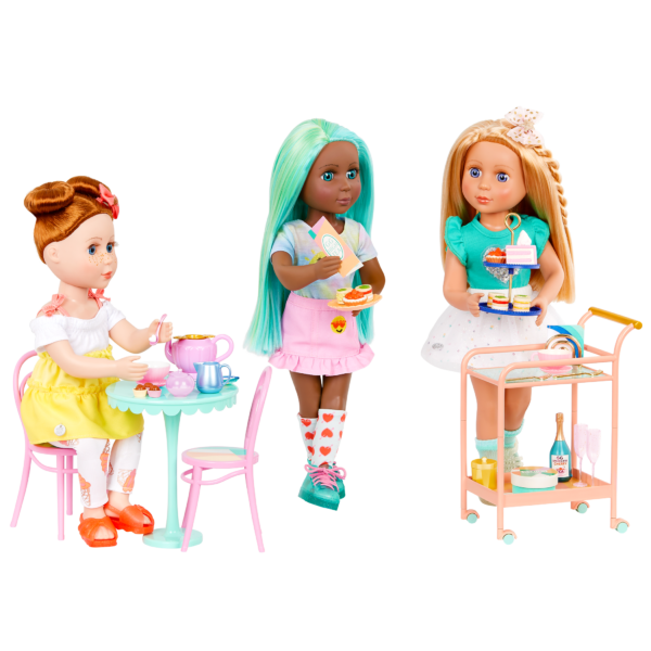 Glitter Girls Tea Cart Play Food Furniture Set with 14-inch Dolls Lacy Duckie and Charlie