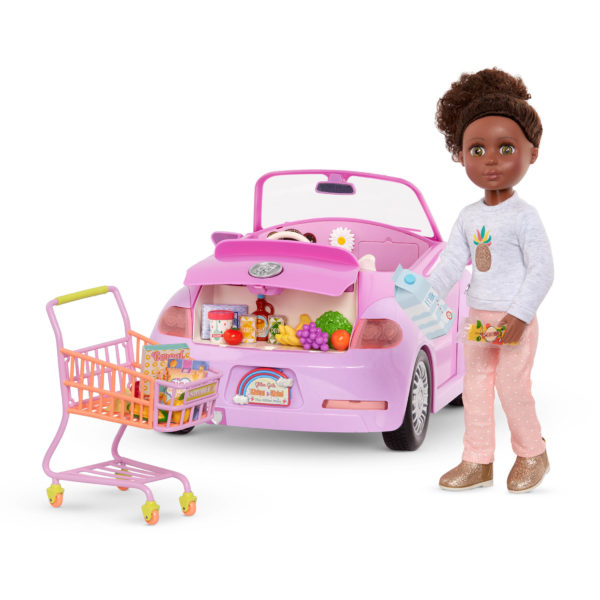 Glitter Girls Shopping Cart Playset with Purple Convertible Car Accessory and 14-inch Doll Nelly