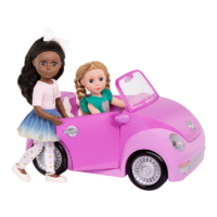 Two 14-inch dolls with purple toy convertible punch buggy car