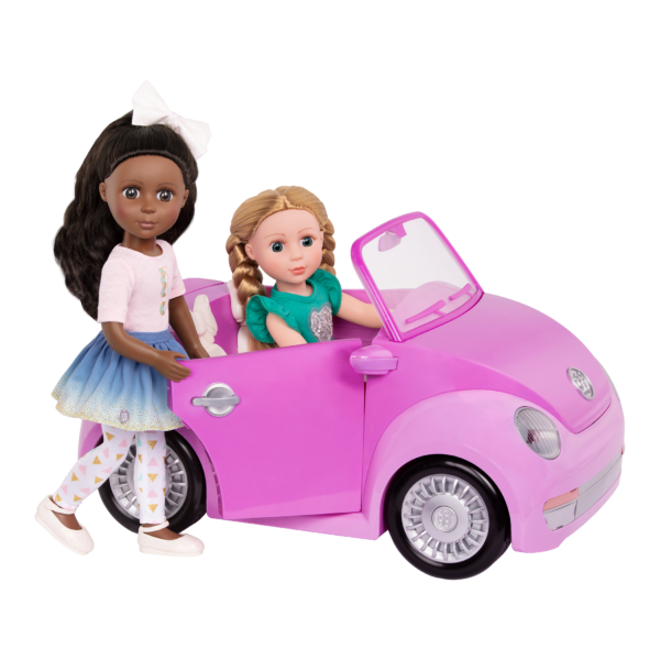 Two 14-inch dolls with purple toy convertible punch buggy car