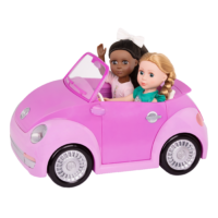Two 14-inch dolls riding in purple toy convertible punch buggy car