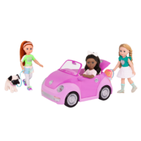 Three14-inch dolls with purple toy convertible punch buggy car